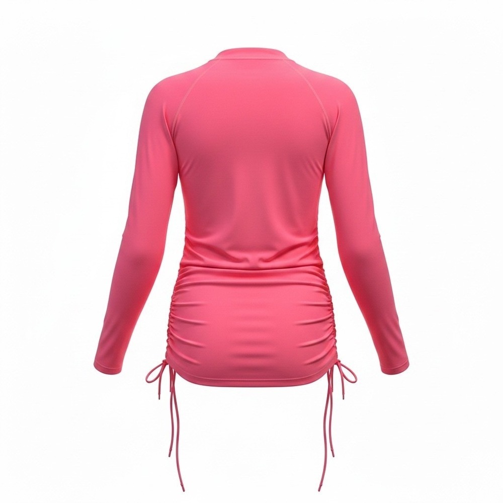 Womens Hot Pink Long Sleeve Rash Guard Quarter Zip Ruched Swim Top XL - Picture 2 of 8